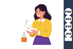 Woman washing hands with soap bubbles and hand sanitizer in Product Image 1