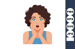 Surprised woman with curly hair and blue top expressing shoc Product Image 1