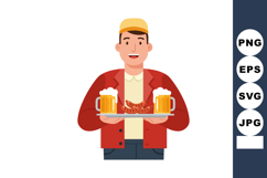 Man holding tray with two mugs of beer and grilled sausages Product Image 1