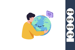 Man hugging smiling Earth globe with love symbol caring for Product Image 1
