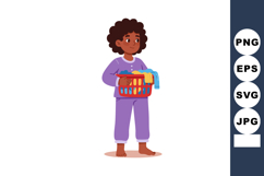 Child carrying laundry basket with clothes in purple pajamas Product Image 1