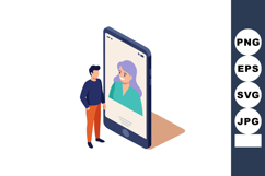 Man standing beside giant smartphone with woman on screen di Product Image 1
