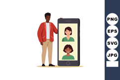 Man standing next to large smartphone with two women on vide Product Image 1