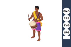 Man playing traditional drum with stick in colorful clothing Product Image 1