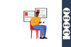 Young man sitting on chair reading documents with informatio Product Image 1