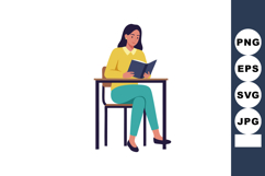 Woman Sitting at Desk Reading Book in Casual Outfit with Yel Product Image 1