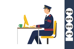Pilot working on computer in uniform with cap and coffee cup Product Image 1