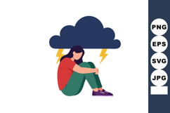 Woman sitting under storm cloud with lightning feeling sad a Product Image 1