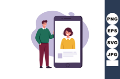 Young man standing beside large smartphone showing female pr Product Image 1