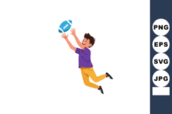 Boy jumping and catching blue football in casual clothes act Product Image 1