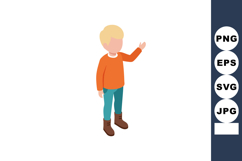Boy wearing orange sweater and blue pants standing and wavin Product Image 1