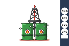 Oil barrels with flame symbols and oil rig tower in cartoon Product Image 1