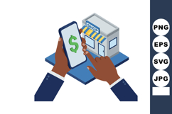 Hands using smartphone for online payment with shop building Product Image 1