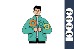 Young man holding colorful gears symbolizing teamwork and en Product Image 1