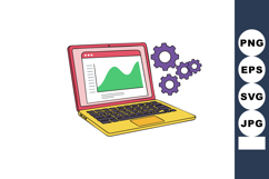 Laptop with graph analysis and purple gears symbolizing data Product Image 1