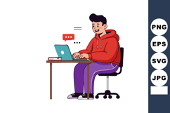 Young man working on laptop at desk wearing red hoodie and p Product Image 1