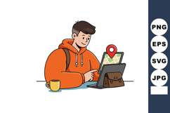 Young man using tablet for navigation with map location pin Product Image 1