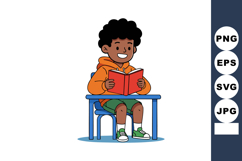 Boy sitting at desk reading book in casual orange hoodie and Product Image 1