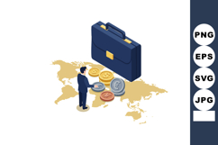 Businessman standing near global currency coins with large b Product Image 1