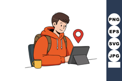 Young man using digital tablet with location pin icon wearin Product Image 1