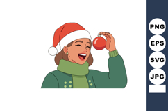 Woman wearing santa hat holding red Christmas ornament dress Product Image 1