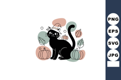 Black cat with witch hat and pumpkins Halloween vector illus Product Image 1