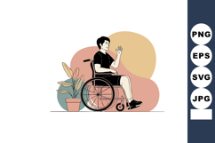 Man in wheelchair holding smartphone with plants and abstrac Product Image 1