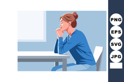 Woman sitting at table deep in thought focused expression ve Product Image 1