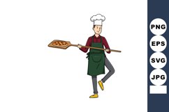 Chef with pizza peel holding freshly baked pizza in playful Product Image 1