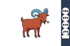 Brown goat with blue horns eating green leaves cartoon vecto Product Image 1