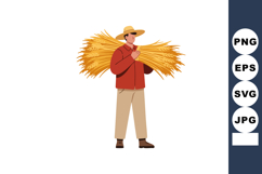 Farmer carrying bundle of wheat in straw hat and red jacket Product Image 1