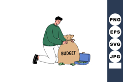 Man kneeling with budget money bag and open briefcase financ Product Image 1
