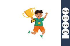 Boy jumping with gold trophy and medal celebrating victory a Product Image 1