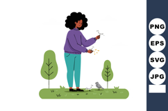 Woman Feeding Birds in Park with Trees and Green Grass Vecto Product Image 1
