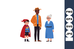 Diverse family group with child in costume and elderly woman Product Image 1