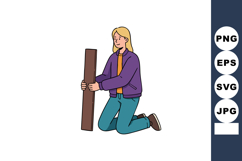 Young person kneeling holding wooden plank in casual clothes Product Image 1