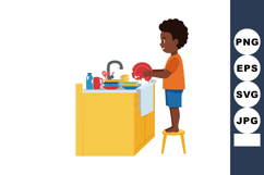 Child washing dishes in kitchen standing on stool with brigh Product Image 1
