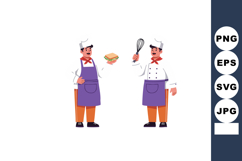 Male chef characters wearing purple aprons holding sandwich Product Image 1