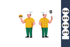 Chef holding burger and spatula in yellow shirt and green pa Product Image 1