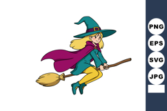 Young witch flying on broomstick with teal hat and purple ca Product Image 1