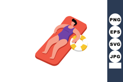 Woman Relaxing on Red Air Mattress with Yellow Lifebuoy Vect Product Image 1
