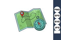 Folded map with location pin and compass navigation illustra Product Image 1