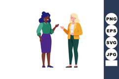 Two women having casual conversation in colorful clothing ve Product Image 1