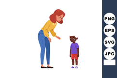 Woman comforting sad boy child wearing purple shirt and red Product Image 1