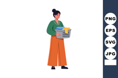 Woman carrying laundry basket with colorful clothes in casua Product Image 1