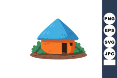 Round hut with blue thatched roof and orange walls surrounde Product Image 1