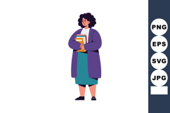 Woman holding books in purple coat and teal skirt standing v Product Image 1