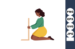 Woman kneeling holding a broom cleaning floor in yellow skir Product Image 1