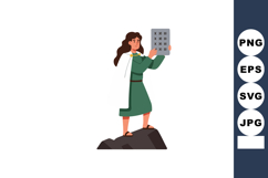 Woman holding ancient tablet with symbols standing on rock v Product Image 1
