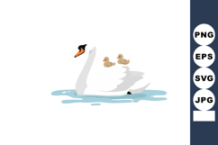 Swan with two ducklings floating on calm water in minimalist Product Image 1
